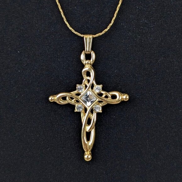 V. Swirling Rhinestone Cross Pendant Necklace - Picture 3 of 6